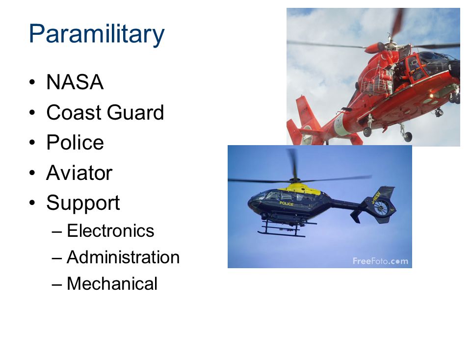 Paramilitary NASA Coast Guard Police Aviator Support –Electronics –Administration –Mechanical