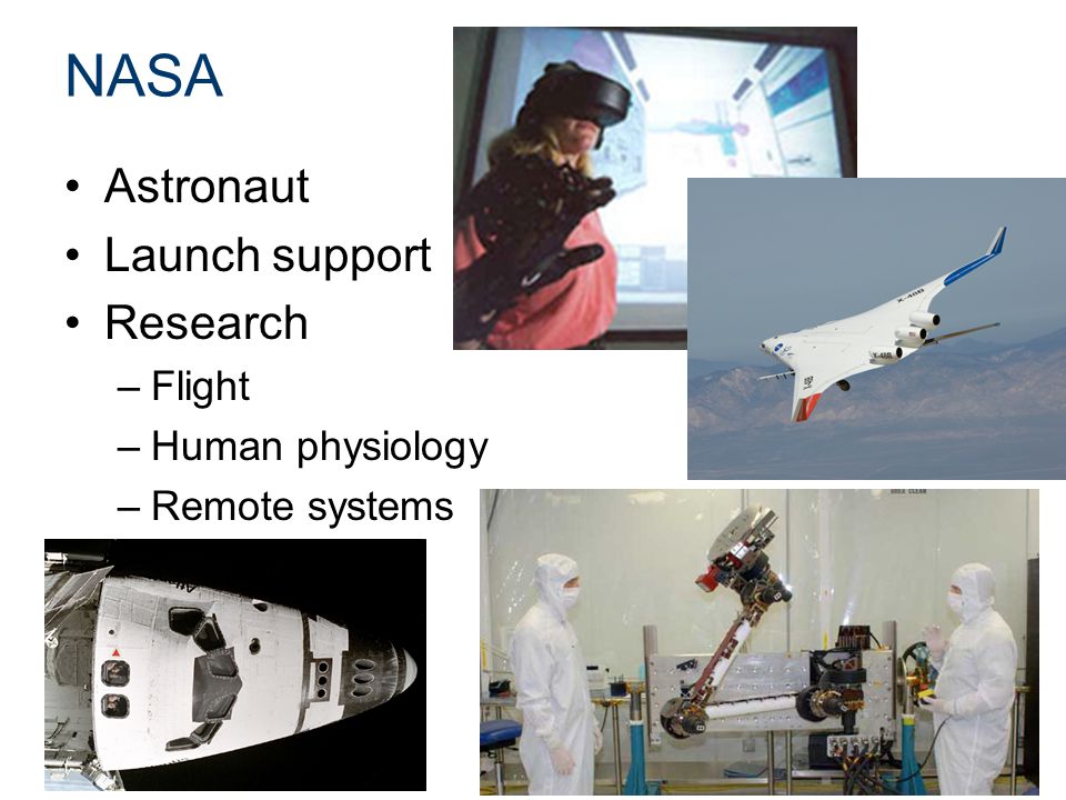 NASA Astronaut Launch support Research –Flight –Human physiology –Remote systems