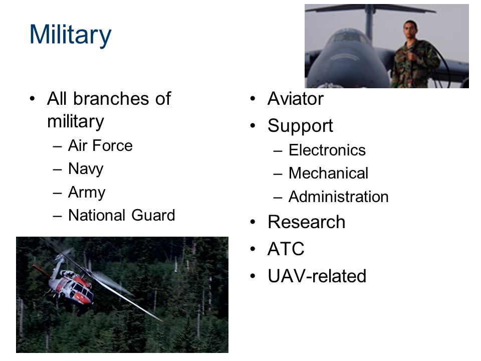 Military All branches of military –Air Force –Navy –Army –National Guard Aviator Support –Electronics –Mechanical –Administration Research ATC UAV-related