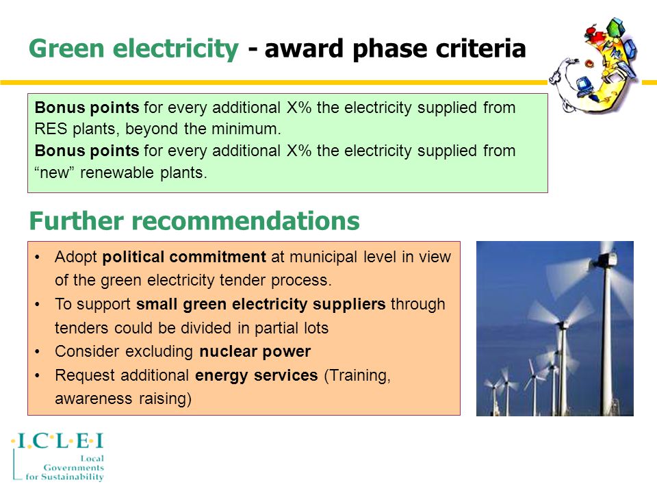 Green electricity - award phase criteria Further recommendations Bonus points for every additional X% the electricity supplied from RES plants, beyond the minimum.
