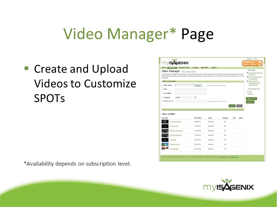 Video Manager* Page  Create and Upload Videos to Customize SPOTs *Availability depends on subscription level.