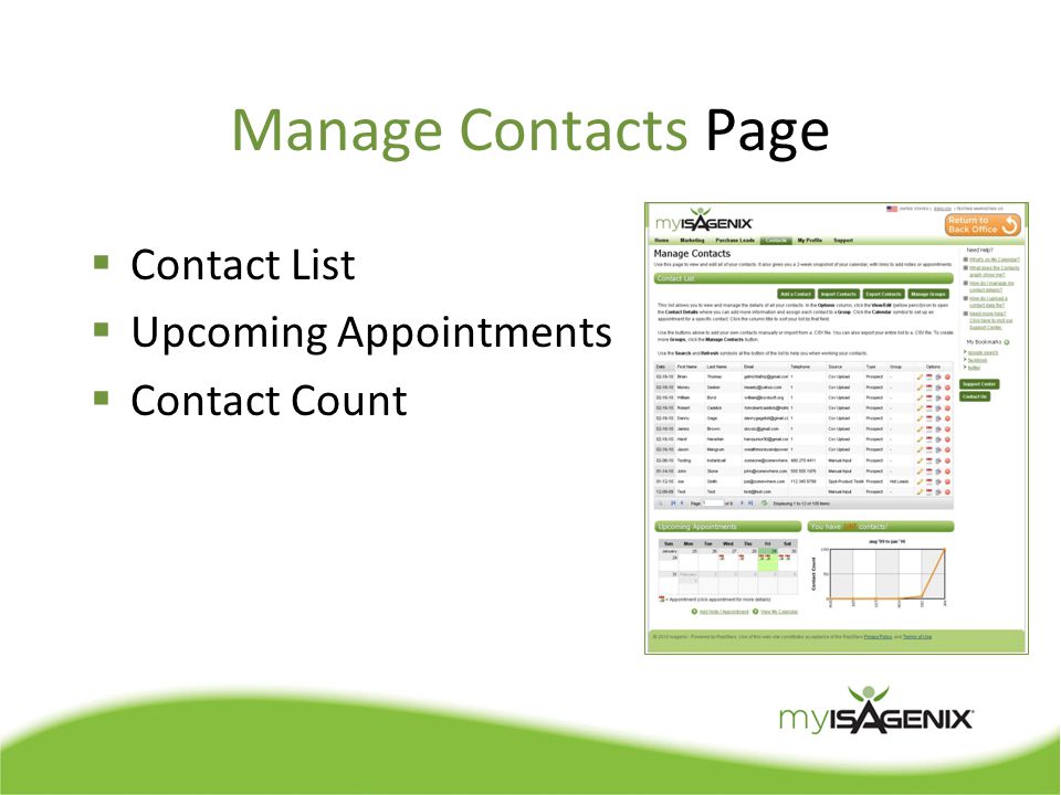Manage Contacts Page  Contact List  Upcoming Appointments  Contact Count