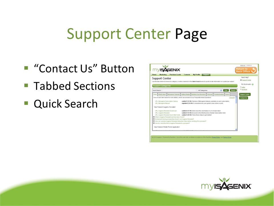 Support Center Page  Contact Us Button  Tabbed Sections  Quick Search