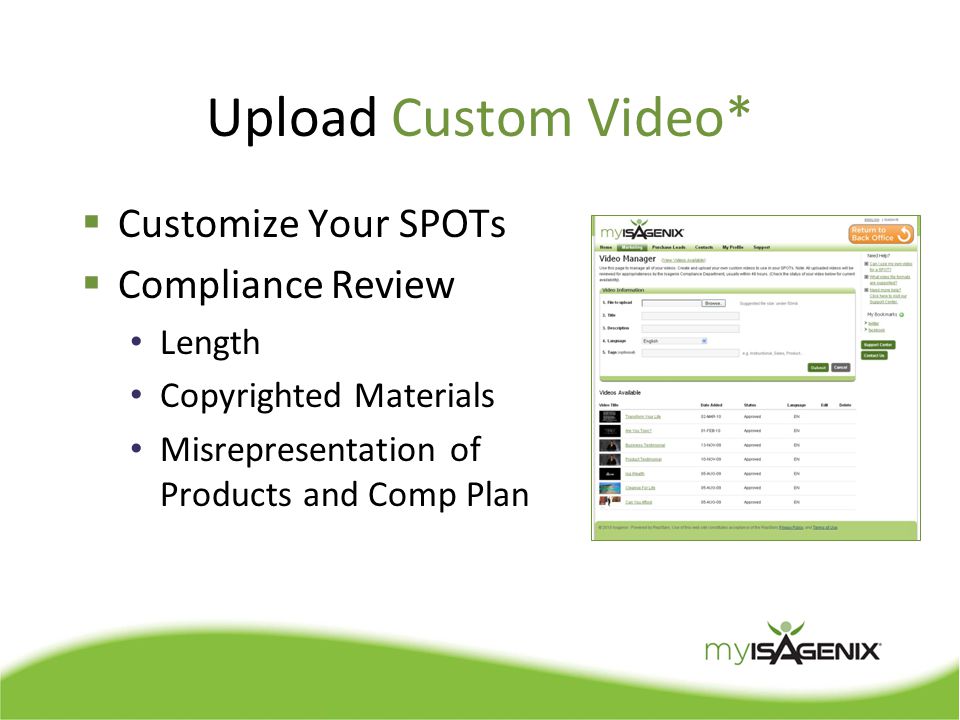 Upload Custom Video*  Customize Your SPOTs  Compliance Review Length Copyrighted Materials Misrepresentation of Products and Comp Plan
