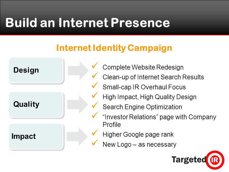 Build an Internet Presence Internet Identity Campaign Complete Website Redesign Clean-up of Internet Search Results Small-cap IR Overhaul Focus High Impact, High Quality Design Search Engine Optimization Investor Relations page with Company Profile Higher Google page rank New Logo – as necessary Quality Impact Design