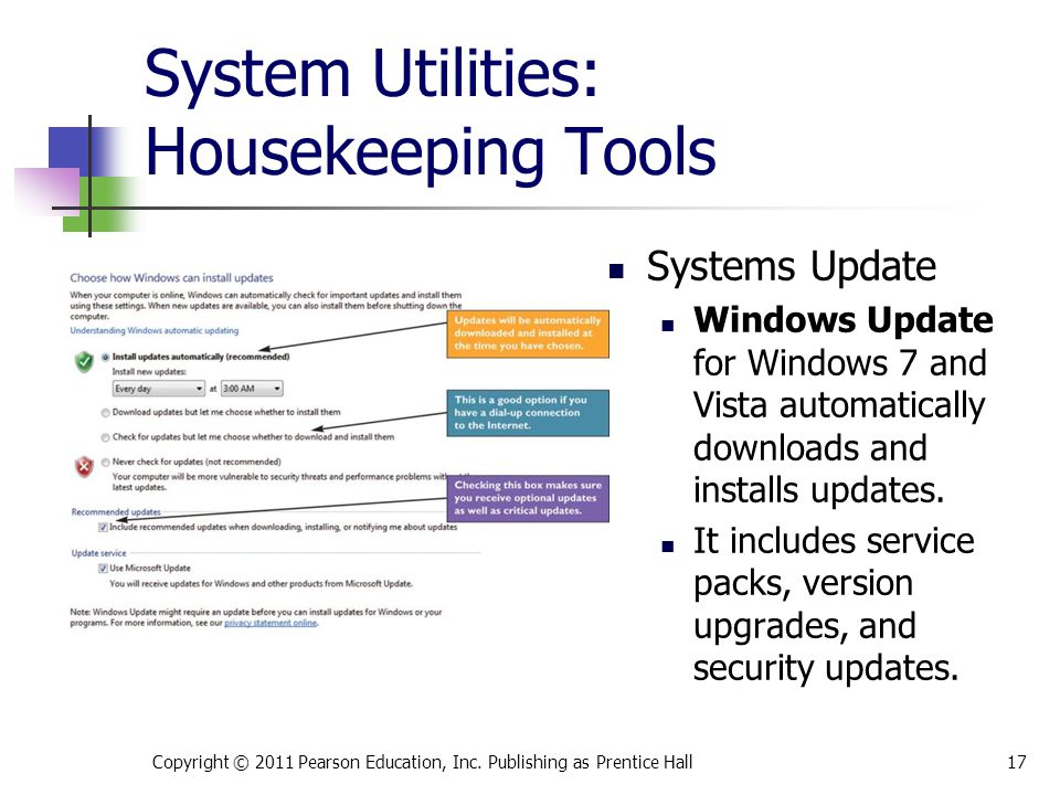 System Utilities: Housekeeping Tools Systems Update Windows Update for Windows 7 and Vista automatically downloads and installs updates.