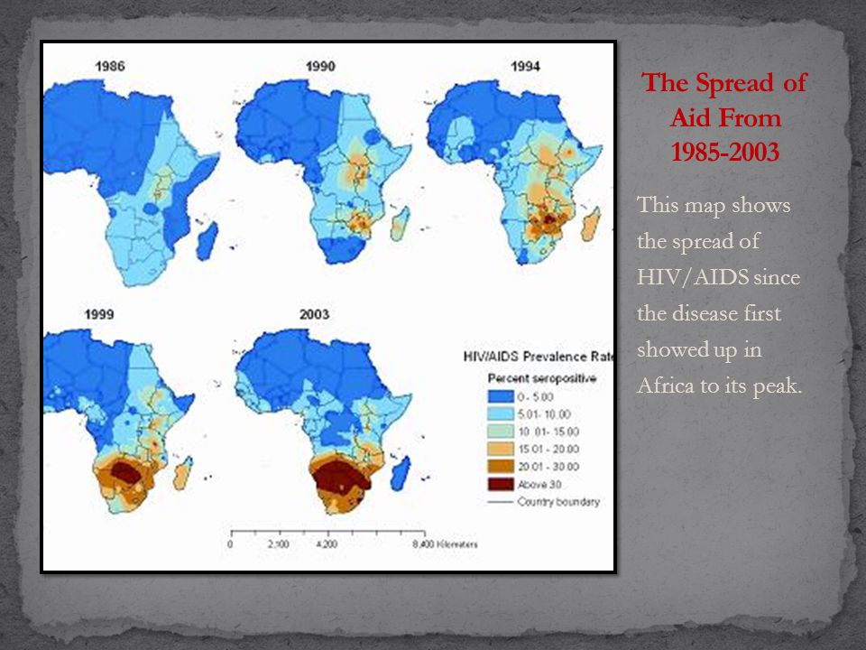 This map shows the spread of HIV/AIDS since the disease first showed up in Africa to its peak.