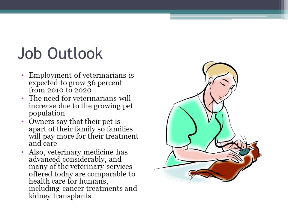 Job Outlook Employment of veterinarians is expected to grow 36 percent from 2010 to 2020 The need for veterinarians will increase due to the growing pet population Owners say that their pet is apart of their family so families will pay more for their treatment and care Also, veterinary medicine has advanced considerably, and many of the veterinary services offered today are comparable to health care for humans, including cancer treatments and kidney transplants.