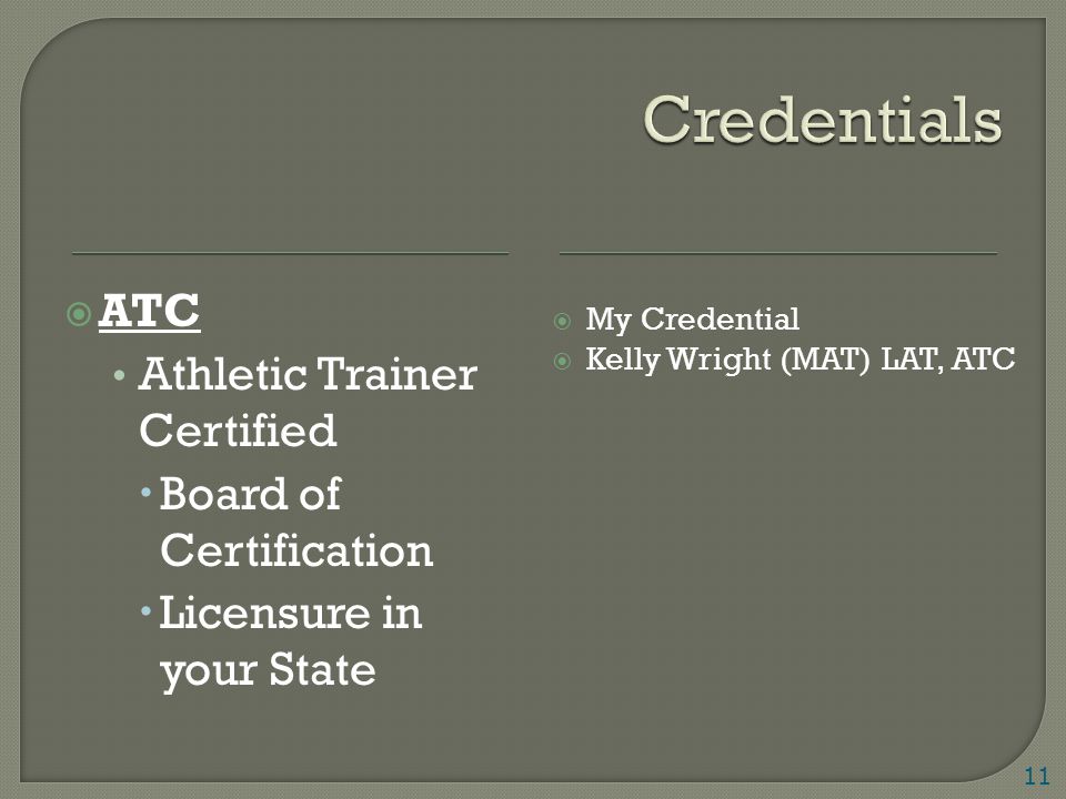  ATC Athletic Trainer Certified  Board of Certification  Licensure in your State  My Credential  Kelly Wright (MAT) LAT, ATC 11