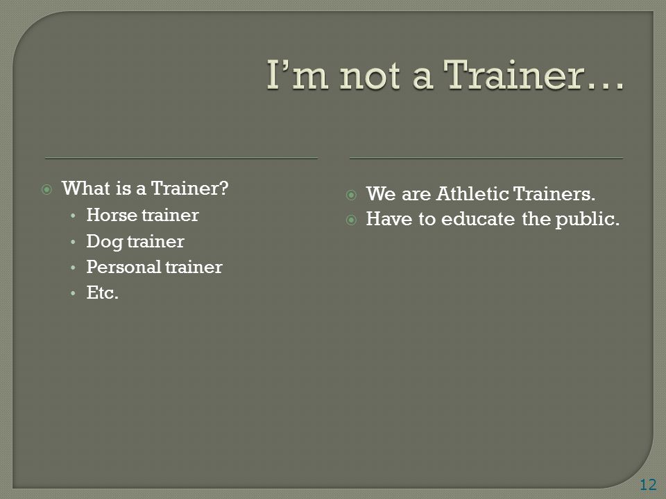  What is a Trainer. Horse trainer Dog trainer Personal trainer Etc.