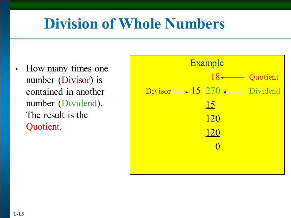 1-13 Division of Whole Numbers How many times one number (Divisor) is contained in another number (Dividend).