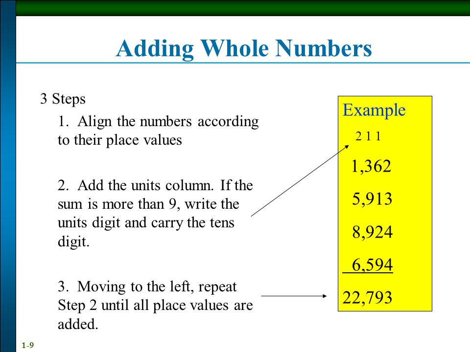 1-9 Adding Whole Numbers 3 Steps 1. Align the numbers according to their place values 2.