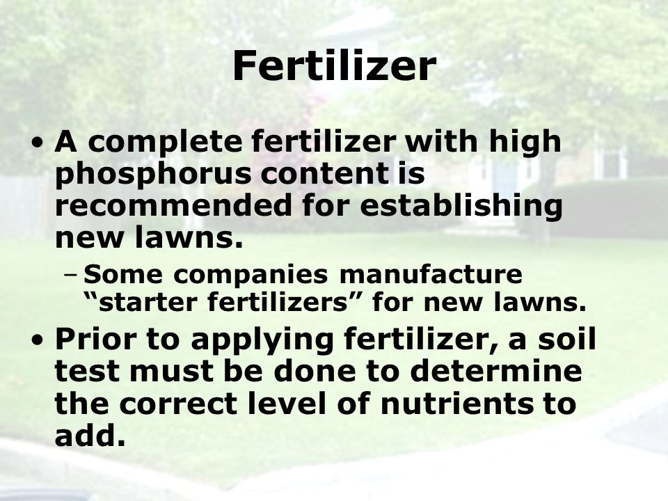 Fertilizer A complete fertilizer with high phosphorus content is recommended for establishing new lawns.