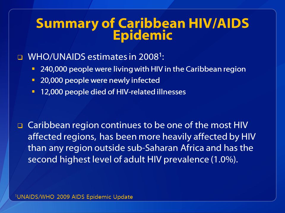 Summary of Caribbean HIV/AIDS Epidemic  WHO/UNAIDS estimates in :  240,000 people were living with HIV in the Caribbean region  20,000 people were newly infected  12,000 people died of HIV-related illnesses  Caribbean region continues to be one of the most HIV affected regions, has been more heavily affected by HIV than any region outside sub-Saharan Africa and has the second highest level of adult HIV prevalence (1.0%).