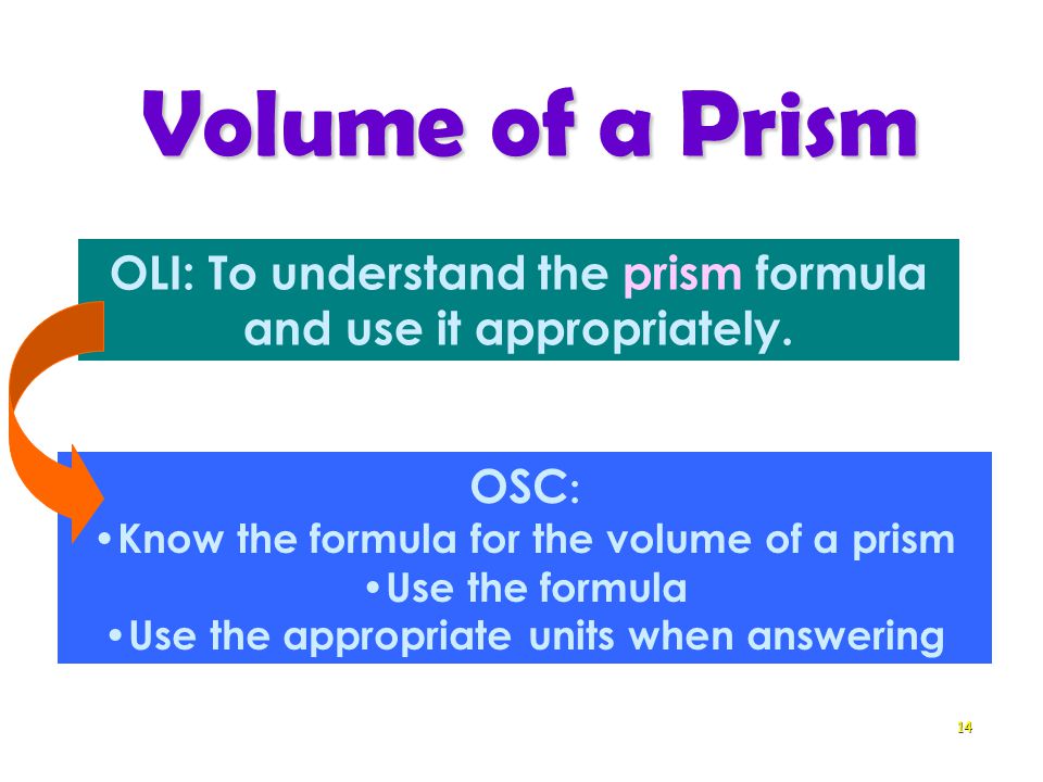 Volume of a Prism 14 OLI: To understand the prism formula and use it appropriately.