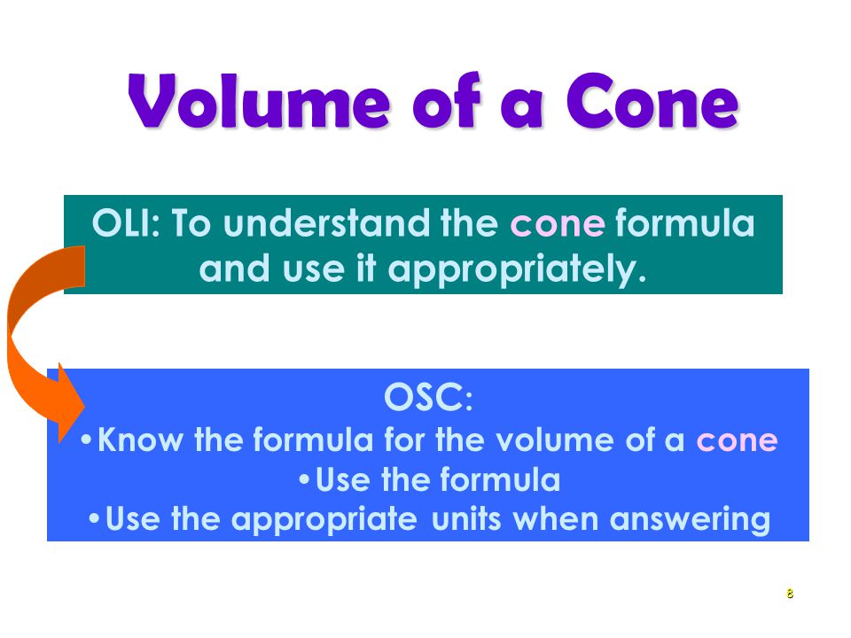 Volume of a Cone 8 OLI: To understand the cone formula and use it appropriately.