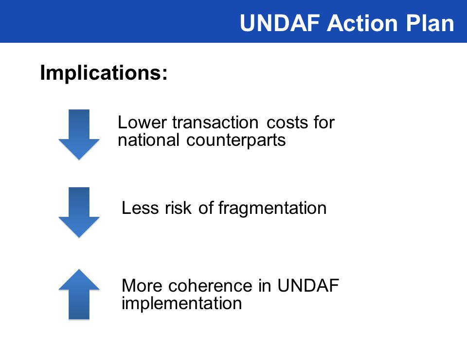 Implications: Lower transaction costs for national counterparts Less risk of fragmentation More coherence in UNDAF implementation UNDAF Action Plan