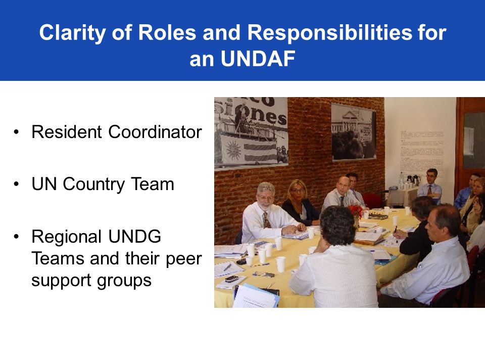Resident Coordinator UN Country Team Regional UNDG Teams and their peer support groups Clarity of Roles and Responsibilities for an UNDAF