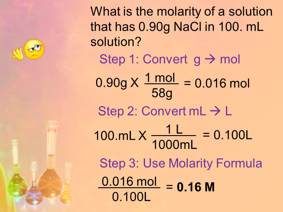 What is the molarity of a solution that has 0.90g NaCl in 100.