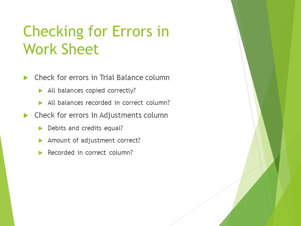 Checking for Errors in Work Sheet  Check for errors in Trial Balance column  All balances copied correctly.