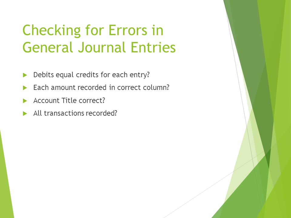 Checking for Errors in General Journal Entries  Debits equal credits for each entry.