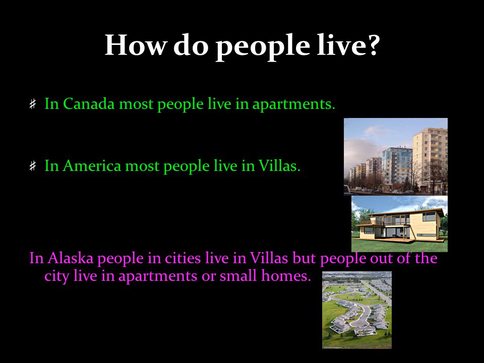How do people live. In Canada most people live in apartments.