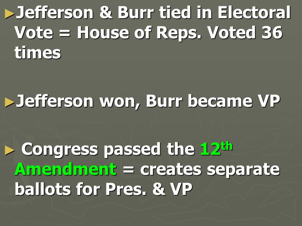 ► Jefferson & Burr tied in Electoral Vote = House of Reps.
