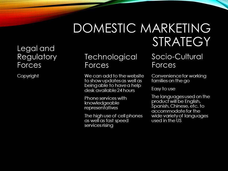 DOMESTIC MARKETING STRATEGY Legal and Regulatory Forces Copyright Technological Forces We can add to the website to show updates as well as being able to have a help desk available 24 hours Phone services with knowledgeable representatives The high use of cell phones as well as fast speed services rising Socio-Cultural Forces Convenience for working families on the go Easy to use The languages used on the product will be English, Spanish, Chinese, etc.