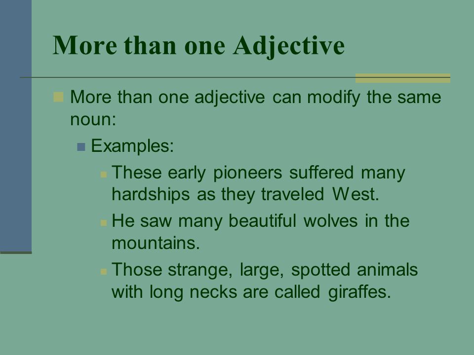 More than one Adjective More than one adjective can modify the same noun: Examples: These early pioneers suffered many hardships as they traveled West.