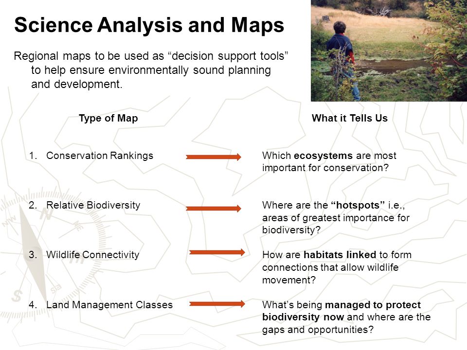 Science Analysis and Maps Regional maps to be used as decision support tools to help ensure environmentally sound planning and development.