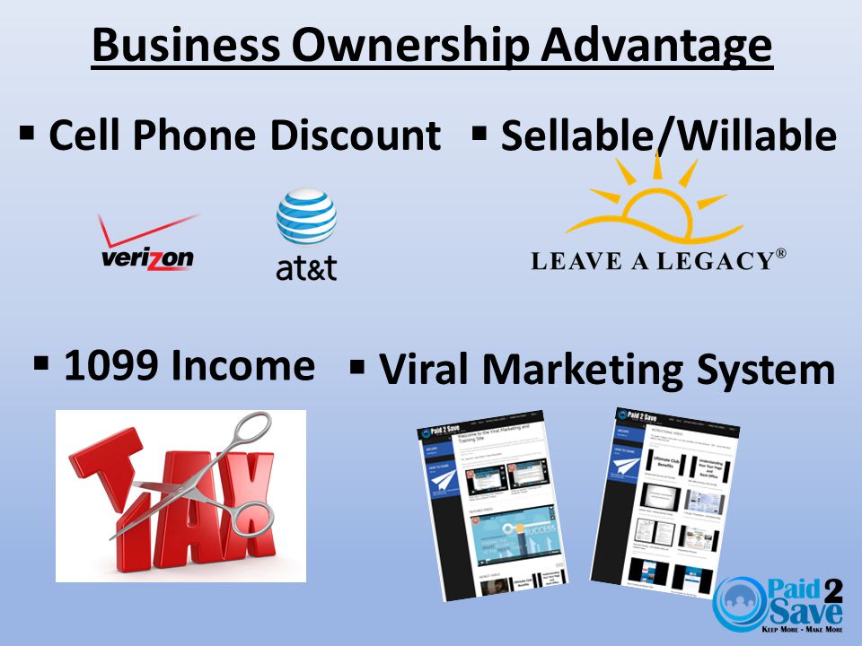 Business Ownership Advantage  Cell Phone Discount  Sellable/Willable  Viral Marketing System  1099 Income