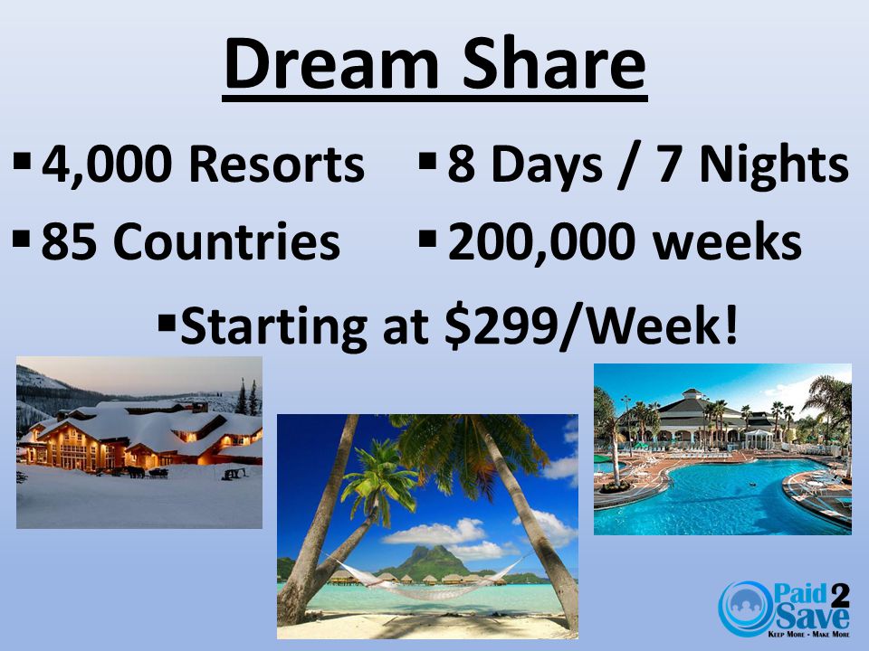 Dream Share  4,000 Resorts  8 Days / 7 Nights  85 Countries  200,000 weeks  Starting at $299/Week!
