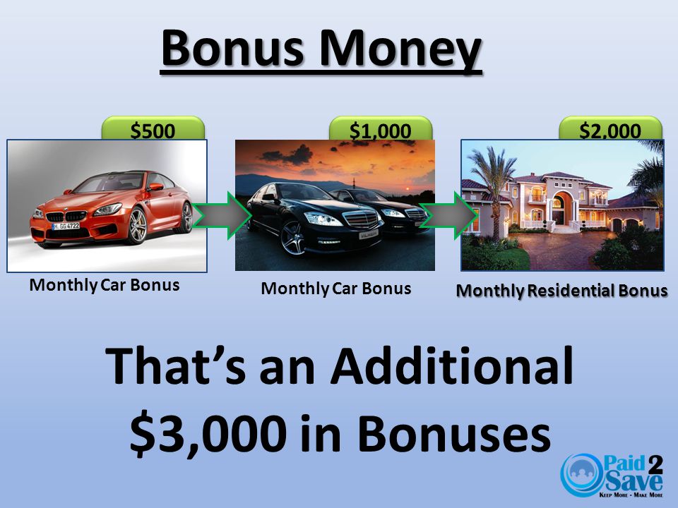 $500 $1,000 $2,000 Bonus Money Monthly Residential Bonus Monthly Car Bonus That’s an Additional $3,000 in Bonuses