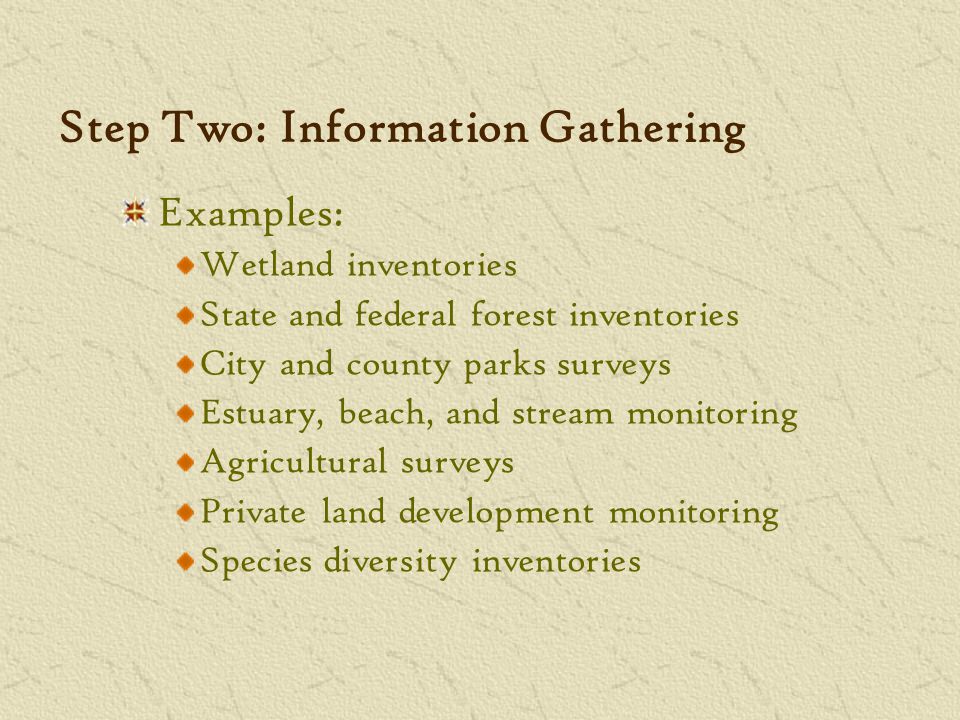 Step Two: Information Gathering Examples: Wetland inventories State and federal forest inventories City and county parks surveys Estuary, beach, and stream monitoring Agricultural surveys Private land development monitoring Species diversity inventories