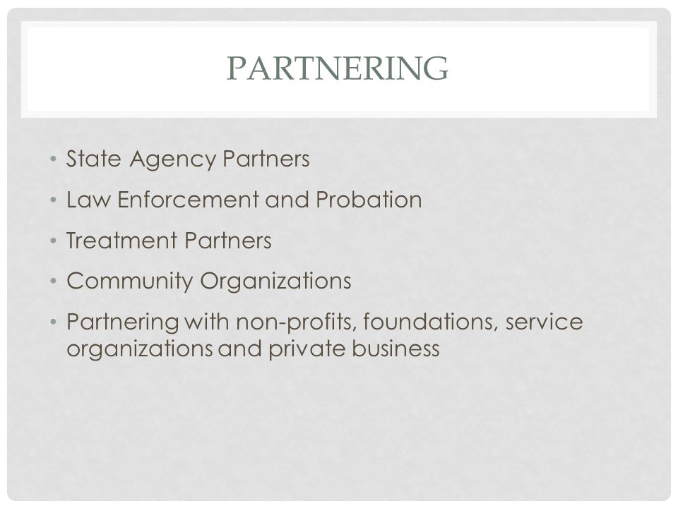 PARTNERING State Agency Partners Law Enforcement and Probation Treatment Partners Community Organizations Partnering with non-profits, foundations, service organizations and private business