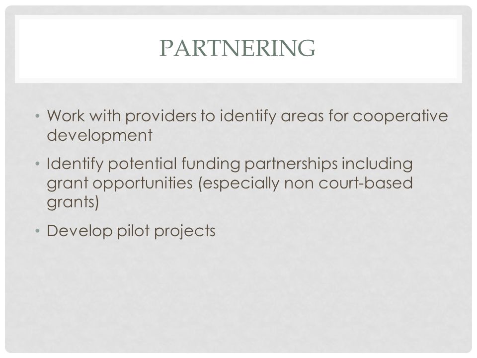PARTNERING Work with providers to identify areas for cooperative development Identify potential funding partnerships including grant opportunities (especially non court-based grants) Develop pilot projects