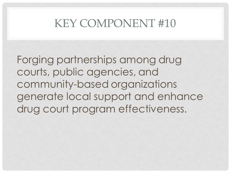KEY COMPONENT #10 Forging partnerships among drug courts, public agencies, and community-based organizations generate local support and enhance drug court program effectiveness.