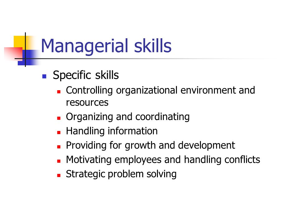 Managerial skills Specific skills Controlling organizational environment and resources Organizing and coordinating Handling information Providing for growth and development Motivating employees and handling conflicts Strategic problem solving