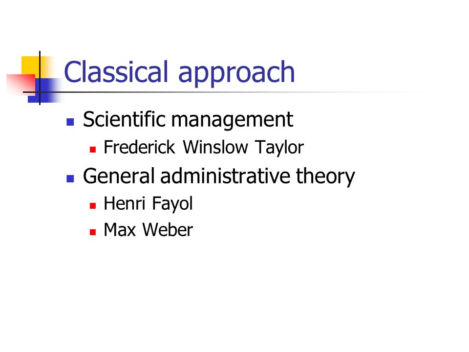 Classical approach Scientific management Frederick Winslow Taylor General administrative theory Henri Fayol Max Weber