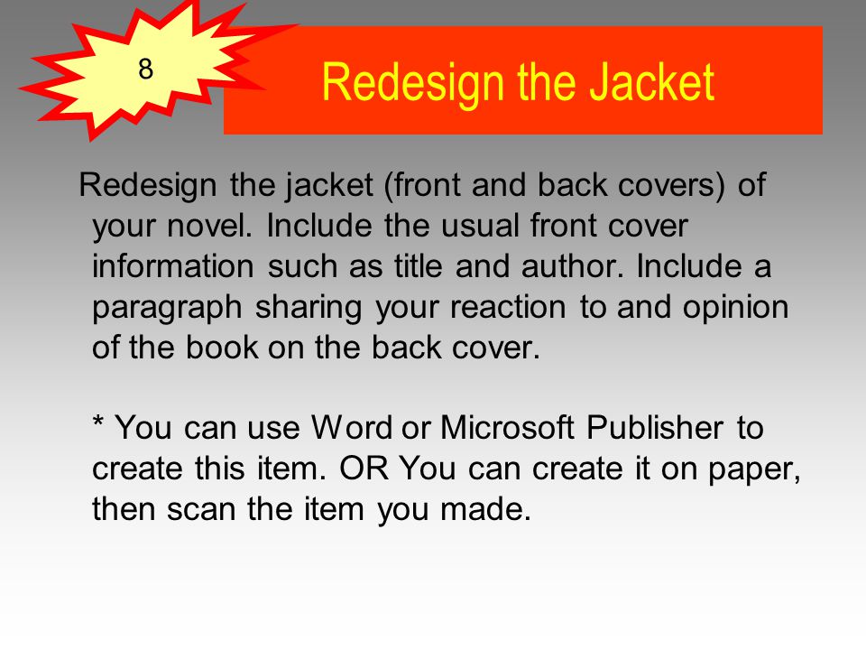 Redesign the jacket (front and back covers) of your novel.