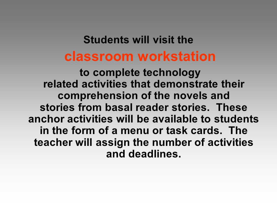 Students will visit the classroom workstation to complete technology related activities that demonstrate their comprehension of the novels and stories from basal reader stories.