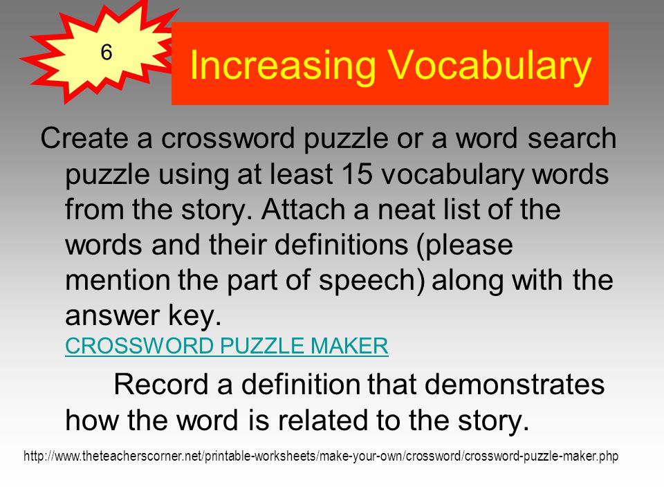 Create a crossword puzzle or a word search puzzle using at least 15 vocabulary words from the story.