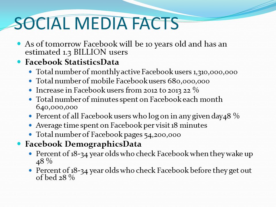 SOCIAL MEDIA FACTS As of tomorrow Facebook will be 10 years old and has an estimated 1.3 BILLION users Facebook StatisticsData Total number of monthly active Facebook users 1,310,000,000 Total number of mobile Facebook users 680,000,000 Increase in Facebook users from 2012 to % Total number of minutes spent on Facebook each month 640,000,000 Percent of all Facebook users who log on in any given day48 % Average time spent on Facebook per visit 18 minutes Total number of Facebook pages 54,200,000 Facebook DemographicsData Percent of year olds who check Facebook when they wake up 48 % Percent of year olds who check Facebook before they get out of bed 28 %