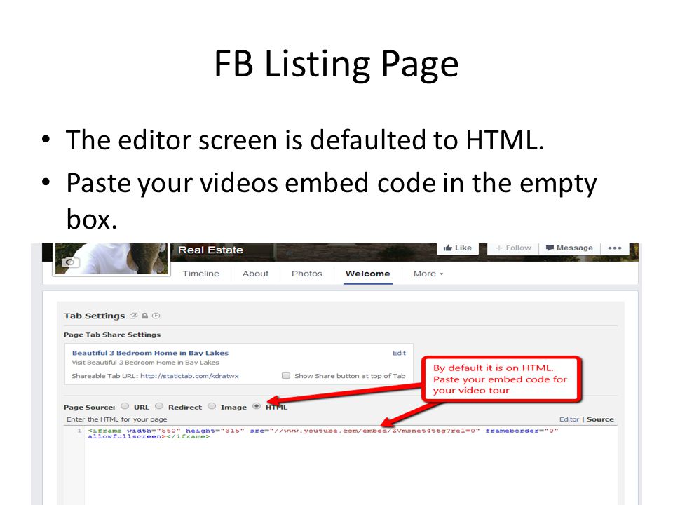 FB Listing Page The editor screen is defaulted to HTML.