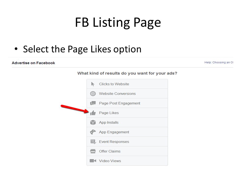 FB Listing Page Select the Page Likes option