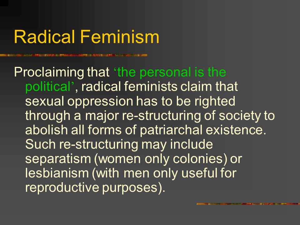 Socialist Feminism Derived from Marxism, this highlights links between female subordination and the capitalist mode of production.