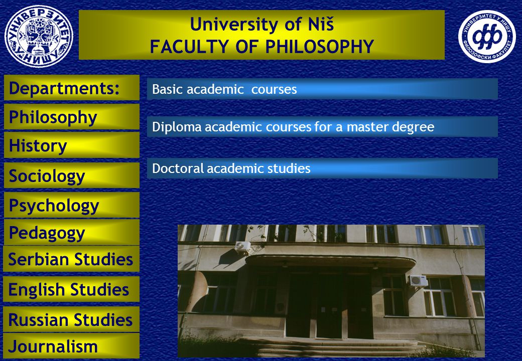 University of Niš FACULTY OF PHILOSOPHY Basic academic courses Diploma academic courses for a master degree Doctoral academic studies Departments: Philosophy History Sociology Psychology Pedagogy Serbian Studies English Studies Russian Studies Journalism