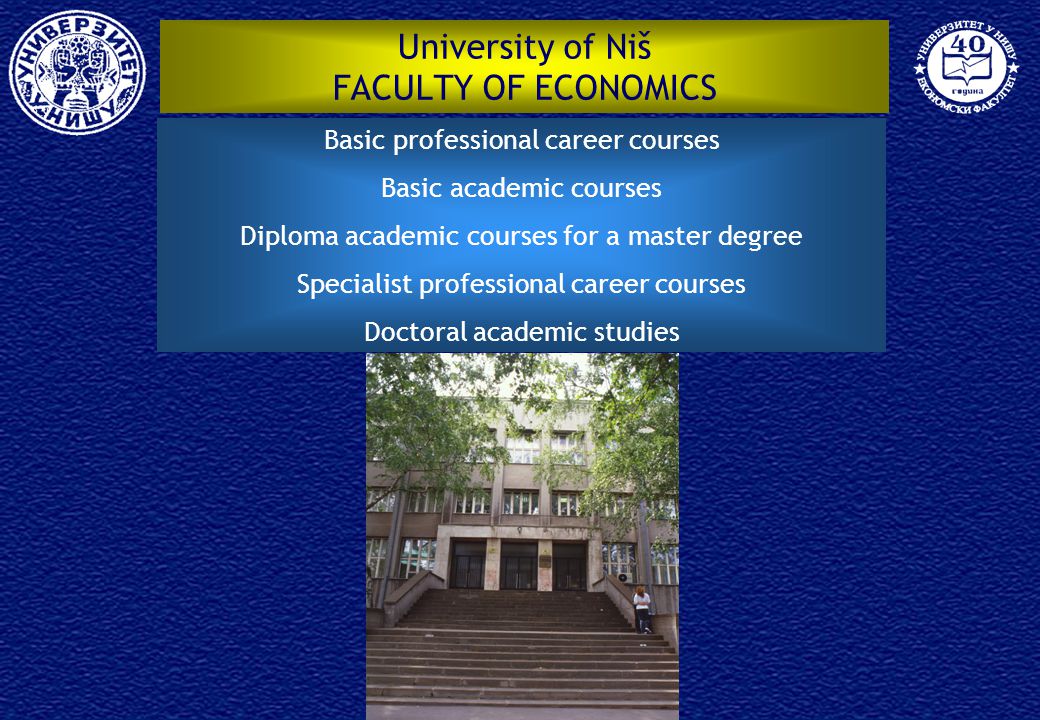 University of Niš FACULTY OF ECONOMICS Basic professional career courses Basic academic courses Diploma academic courses for a master degree Specialist professional career courses Doctoral academic studies