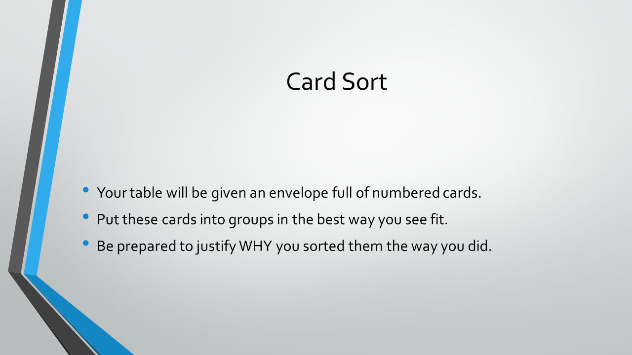 Card Sort Your table will be given an envelope full of numbered cards.