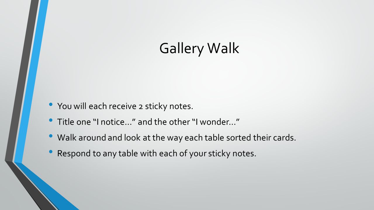 Gallery Walk You will each receive 2 sticky notes.